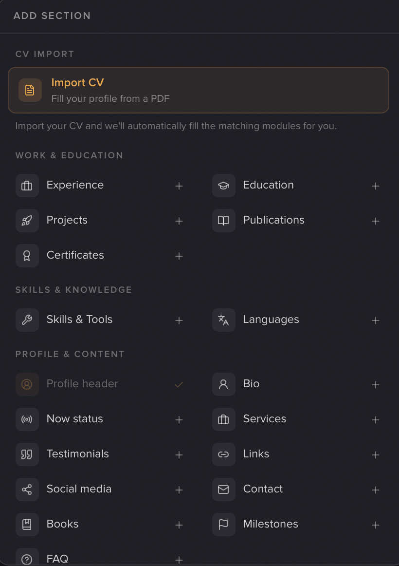 The Add panel with the highlighted "Import CV" card at the top