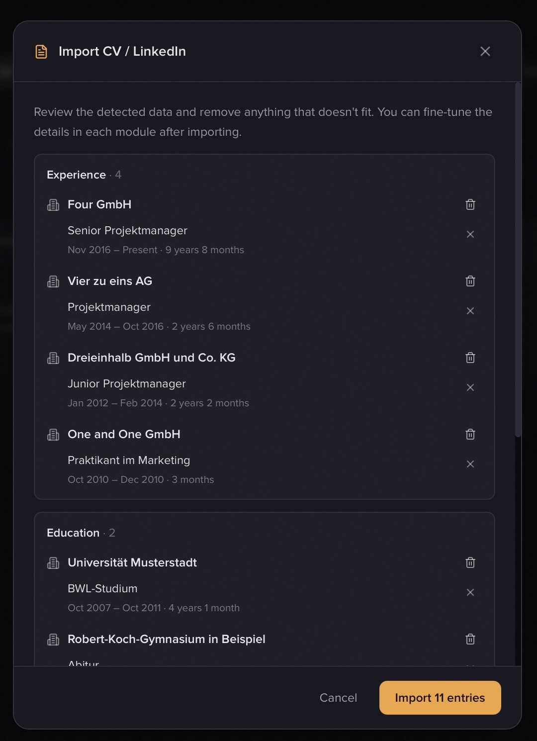 The review view with detected sections and the Merge/Replace toggle