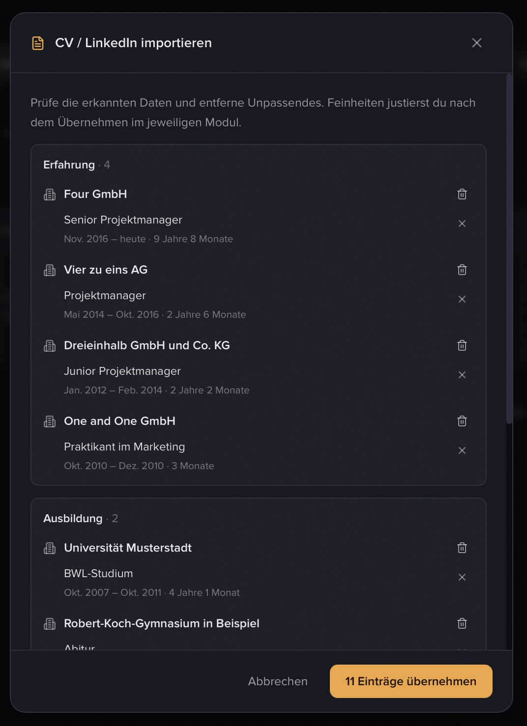 Die Prüf-Ansicht mit erkannten Bereichen und dem Umschalter Zusammenführen/Ersetzen