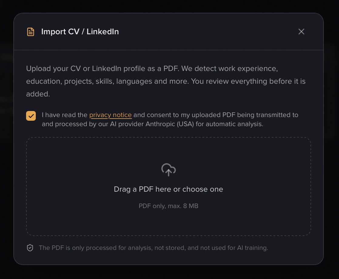The upload window with the privacy checkbox and the "Drag a PDF here or choose one" field