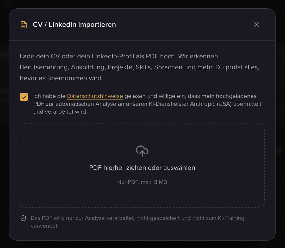 Das Upload-Fenster mit Datenschutz-Häkchen und dem Feld „PDF hierher ziehen oder auswählen"