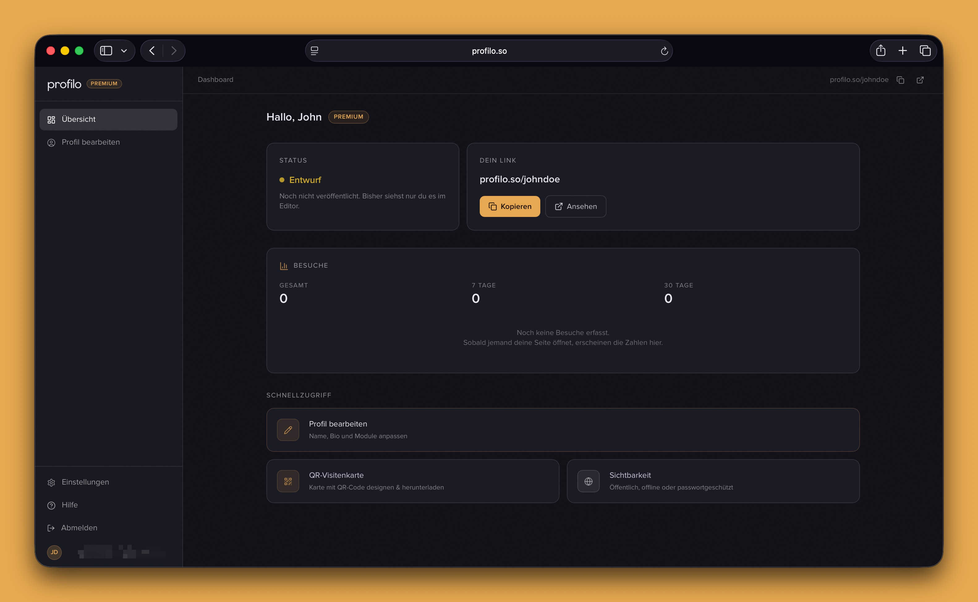 Die Dashboard-Übersicht mit Status-Karte, Teilen-Zentrale und Schnellzugriff