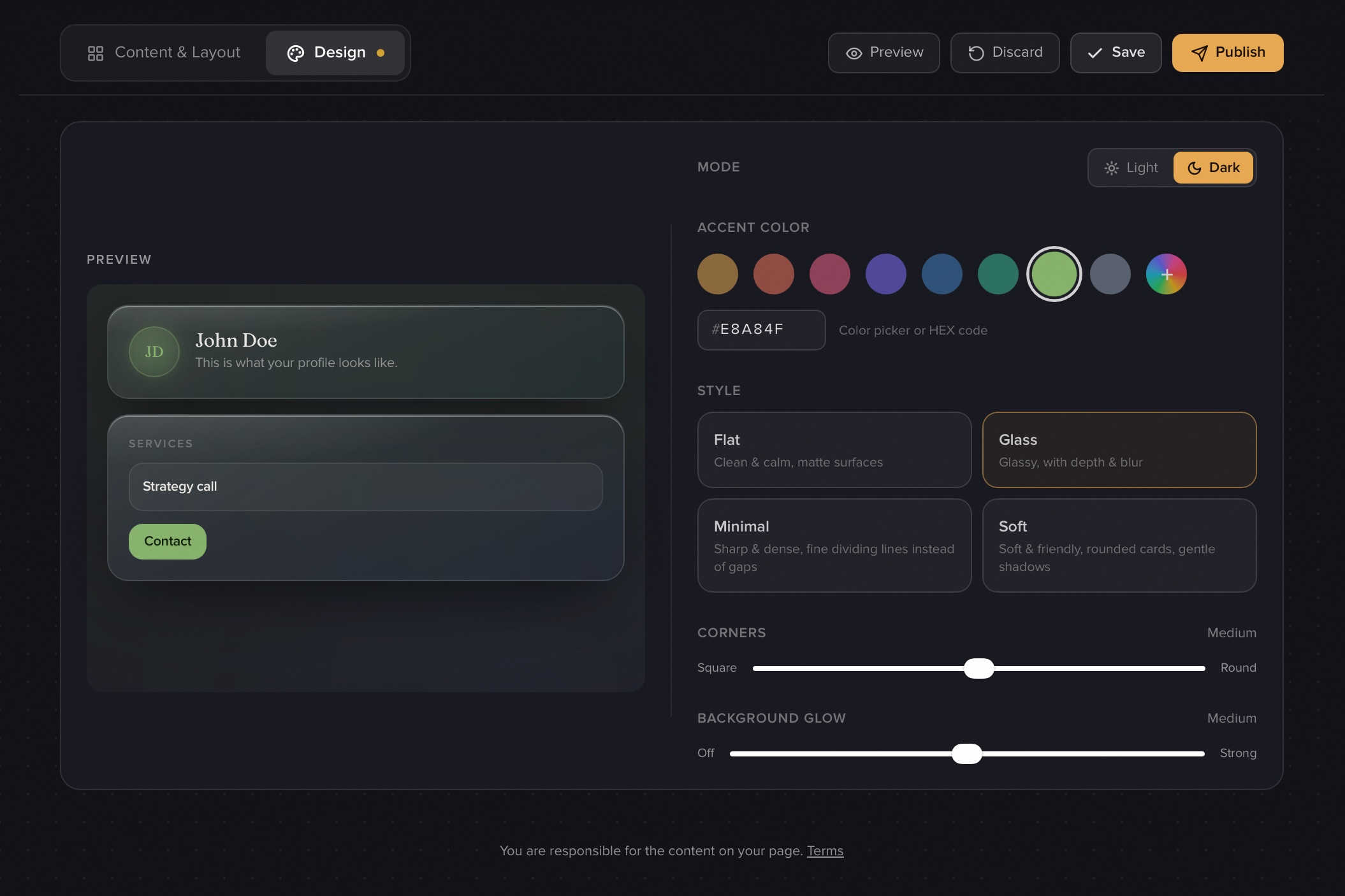 The Design panel with mode, accent color, style, corners and background glow on the left and the live preview on the right
