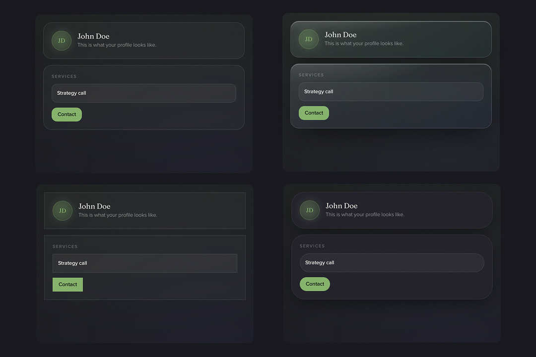 Comparison of the same page in the four styles Flat, Glass, Minimal and Soft