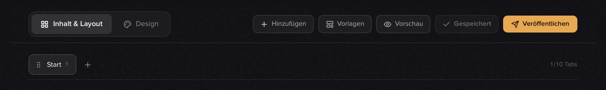 Die Editor-Leiste mit Modus-Umschalter und den Buttons Hinzufügen, Vorlagen, Vorschau, Speichern und Veröffentlichen