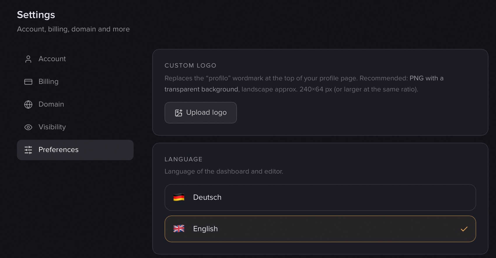 The "Custom logo" card in settings with the "Upload logo" button