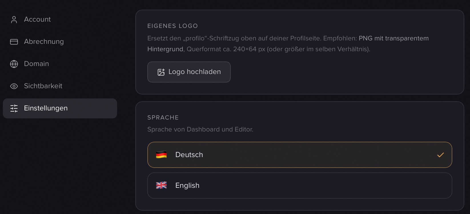 Die Karte „Eigenes Logo" in den Einstellungen mit dem Button „Logo hochladen"