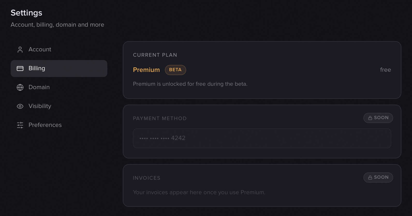 The "Billing" tab in settings showing the current plan and its status