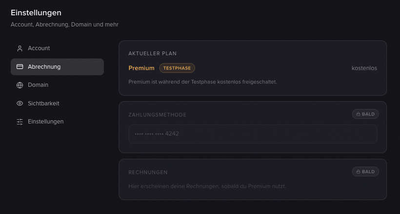 Der Reiter „Abrechnung" in den Einstellungen mit dem aktuellen Plan und dem Status