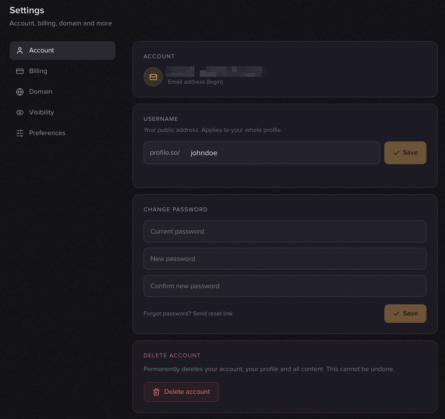 The "Account" tab in Settings: email, username, change password and delete account