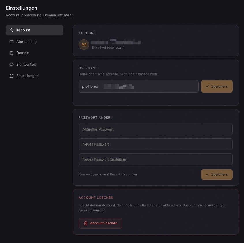 Der Reiter „Account" in den Einstellungen: E-Mail, Benutzername, Passwort ändern und Account löschen