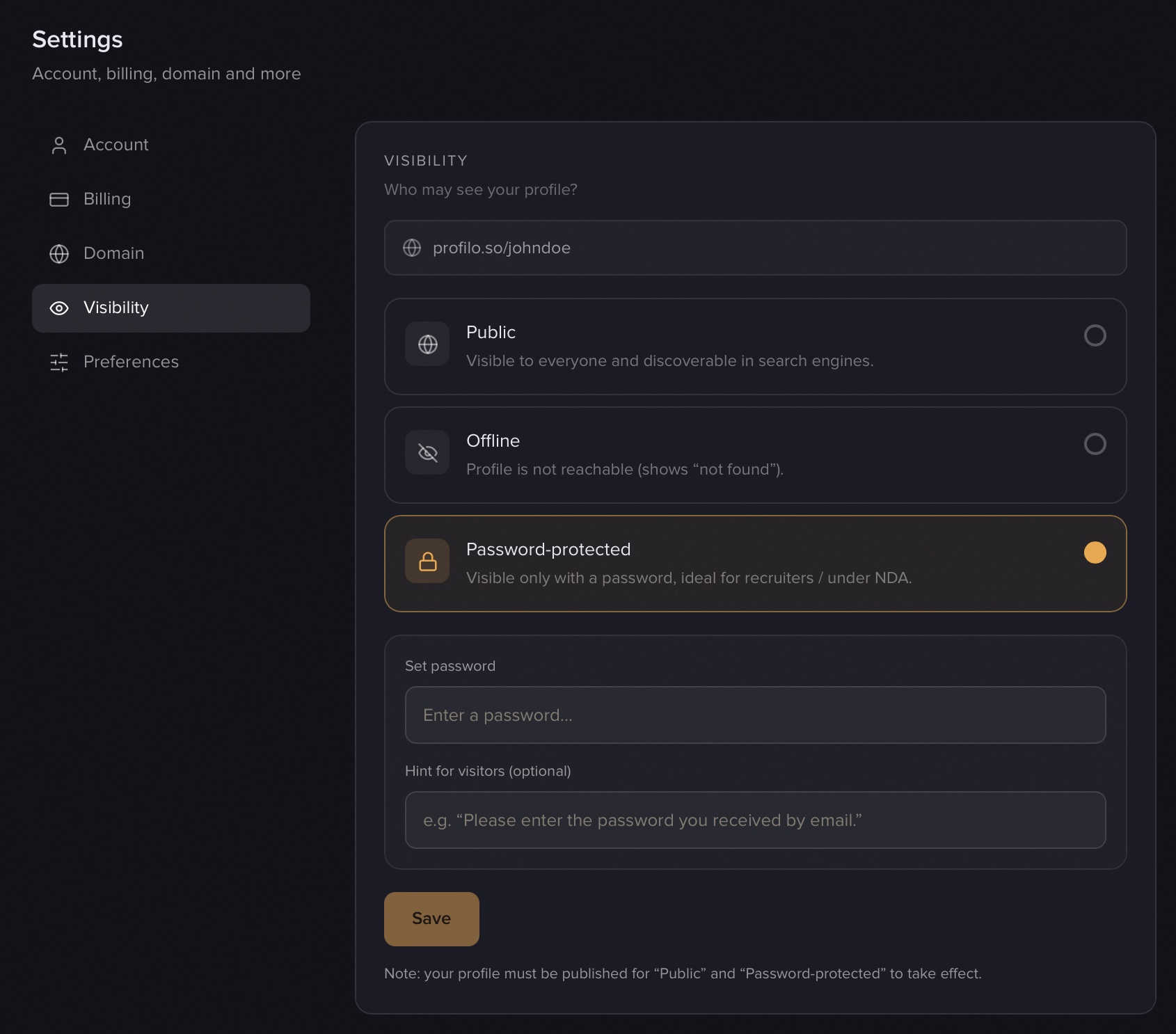 The visibility options: Public, Offline, Password-protected