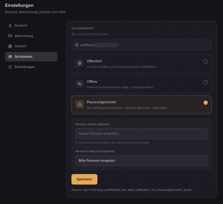Die Sichtbarkeits-Optionen: Öffentlich, Offline, Passwortgeschützt