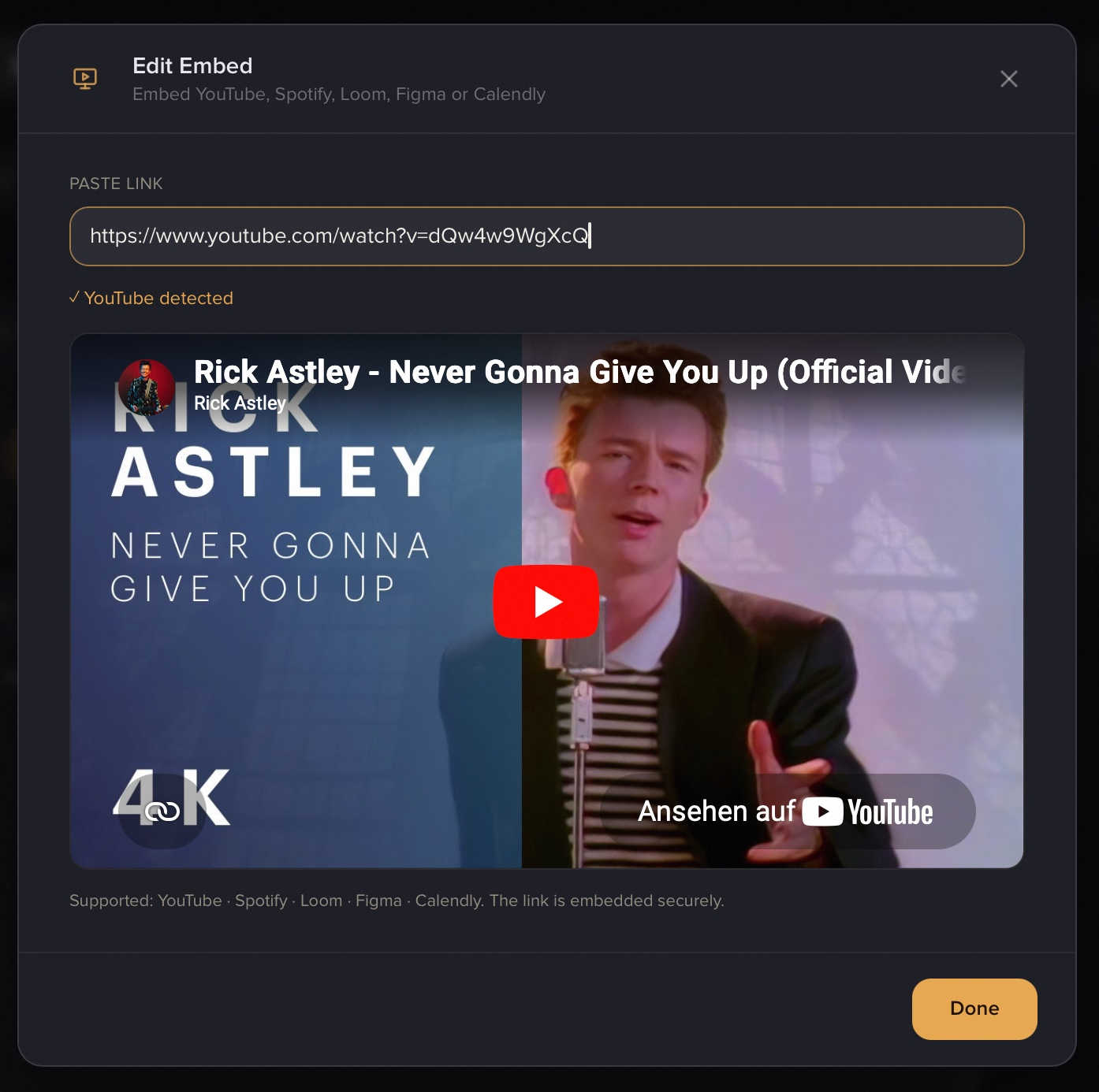 Embed editor with a pasted YouTube link and the "✓ YouTube detected" confirmation