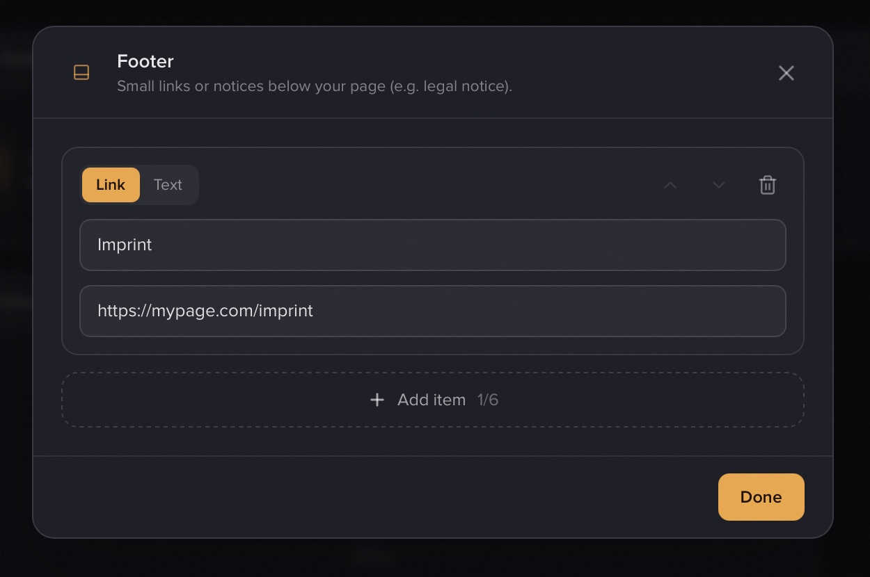 The footer dialog in the editor with "Link" and "Text" entries