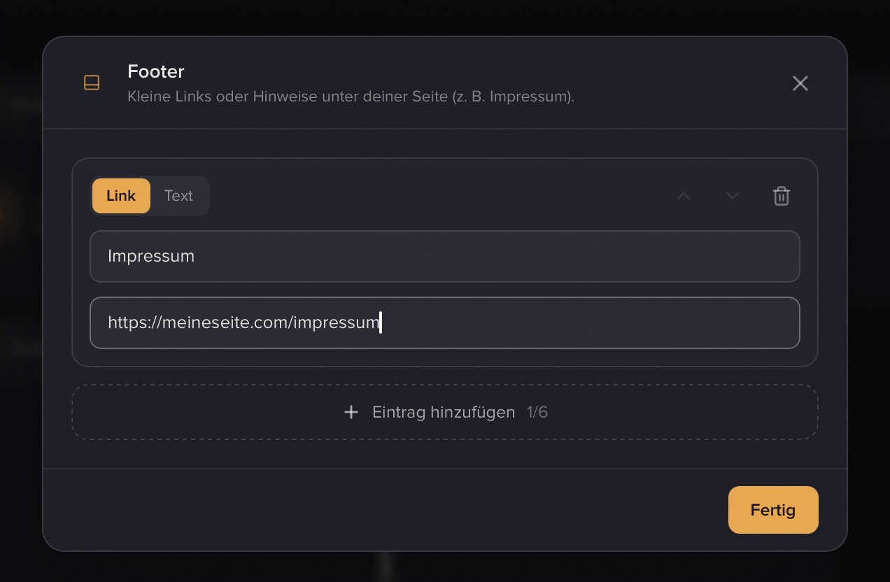 Der Footer-Dialog im Editor mit Einträgen vom Typ „Link" und „Text"