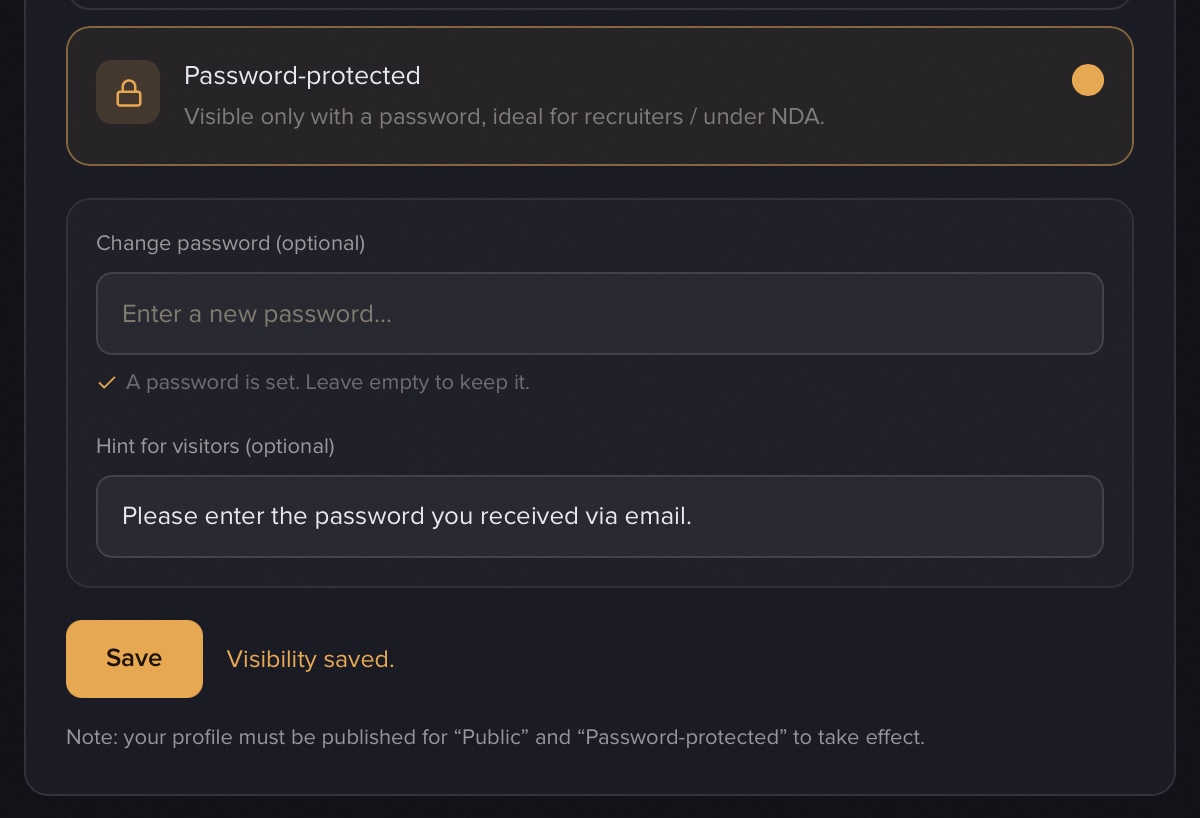 The password protection field with the "Hint for visitors" field and the confirmation that a password is set