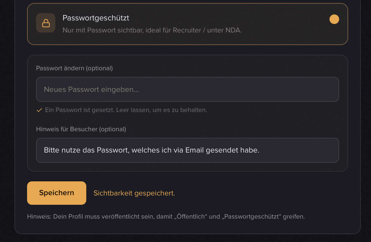 Das Passwortschutz-Feld mit „Hinweis für Besucher" und der Bestätigung, dass ein Passwort gesetzt ist