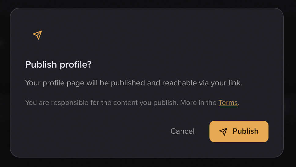 The confirmation dialog "Profil veröffentlichen?" with the empty-tab warning and the Terms responsibility note