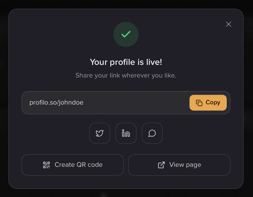The success sheet "Dein Profil ist live!" with copy link, share buttons and QR code