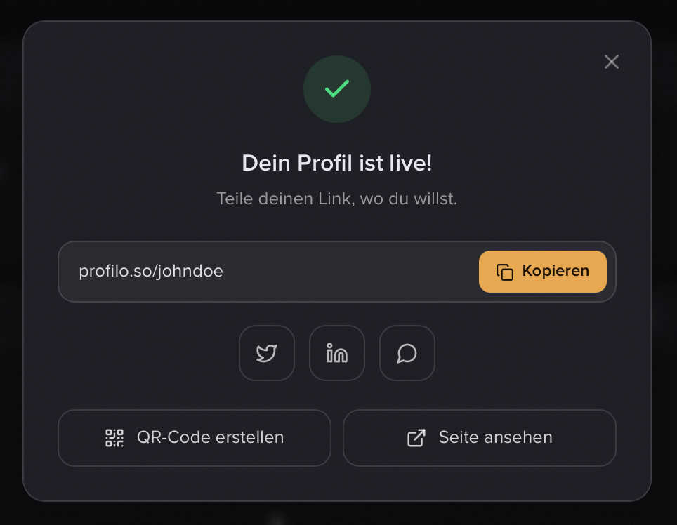 Das Erfolgs-Sheet „Dein Profil ist live!" mit Link kopieren, Teilen-Buttons und QR-Code