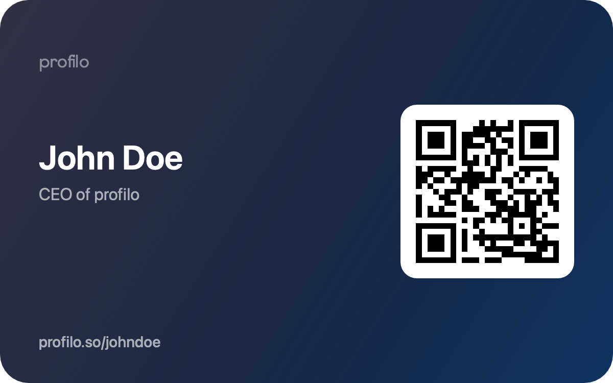 Beispiel einer fertigen QR-Visitenkarte mit Verlaufshintergrund, profilo-Schriftzug, Name, Untertitel und QR-Code