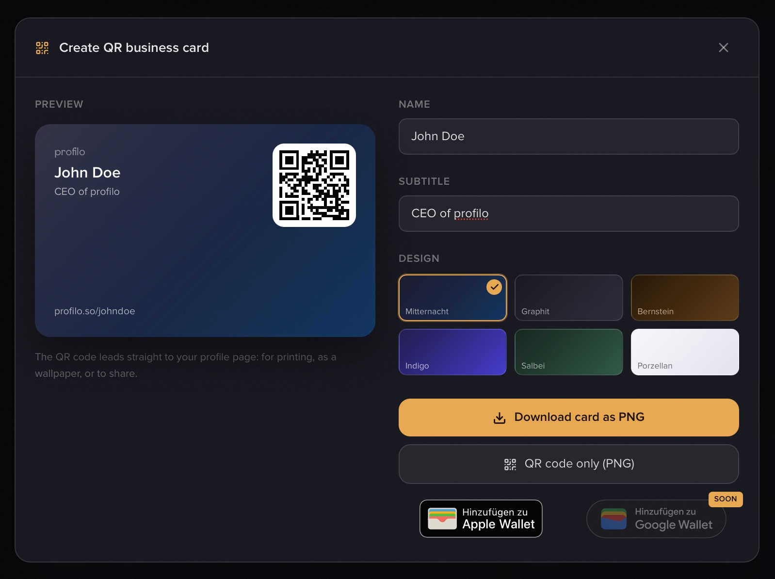 The "Create QR business card" window with preview, name and subtitle fields, the 6 designs and the download buttons
