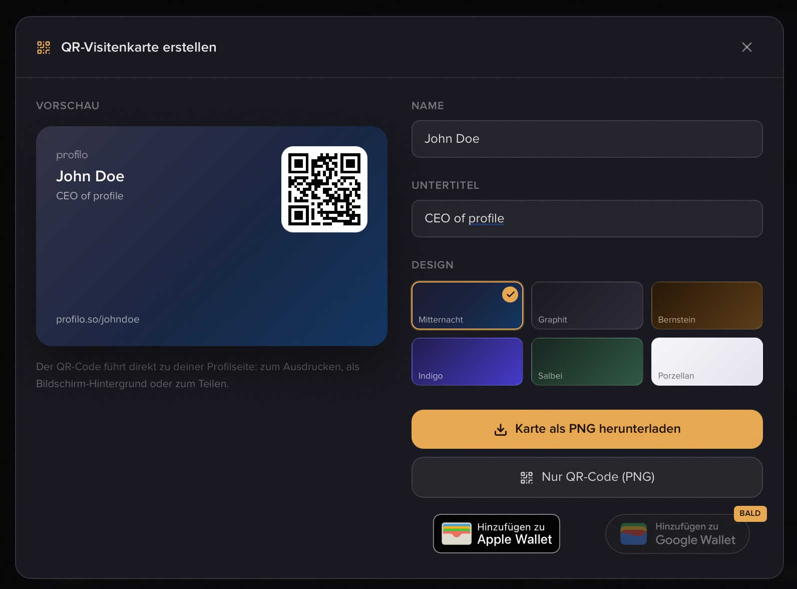 Das Fenster „QR-Visitenkarte erstellen" mit Vorschau, Name- und Untertitel-Feldern, den 6 Designs und den Download-Buttons