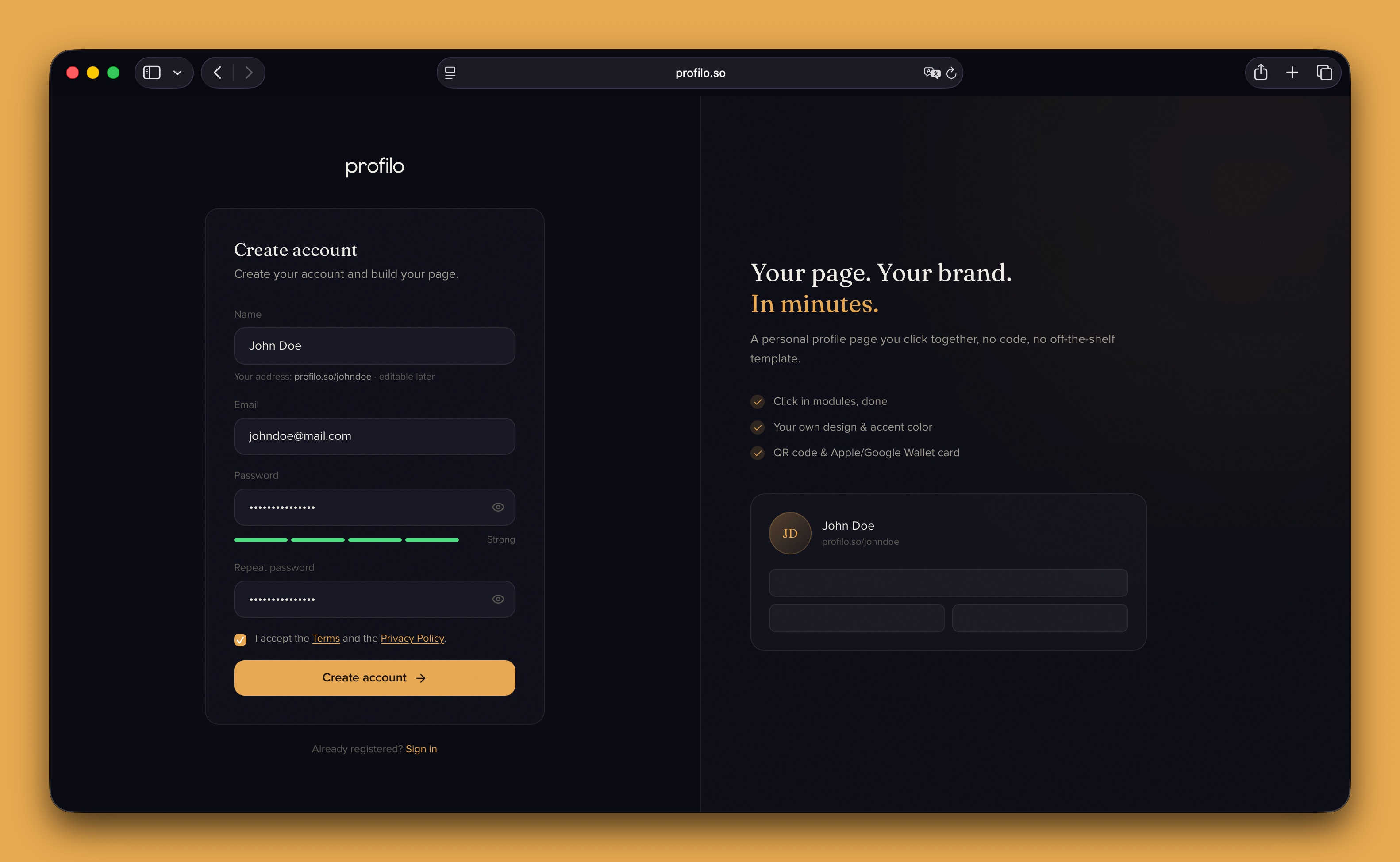 The sign-up form with name field, live preview of the profile address, password and terms checkbox