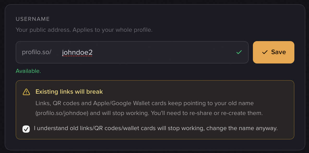 The Username card while editing: a green "Available" check and the amber "Existing links will break" warning with its confirmation checkbox